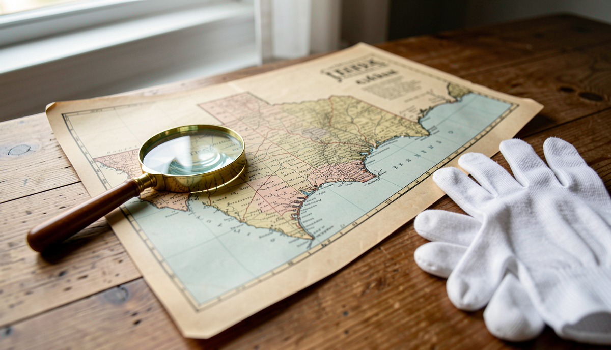 A close-up of an antique map of Texas printed on aged paper, resting on a wooden table beside a brass magnifying glass, lit by soft window light from the left.