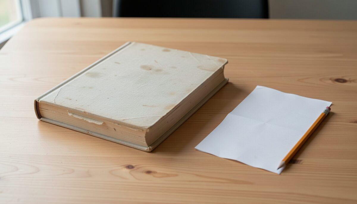 A thick cloth-bound volume with a worn spine and stained boards lies on a pale wooden table beside a folded sheet of paper and a sharpened pencil, daylight from a window at the upper left across the grain, no people and no readable text.
