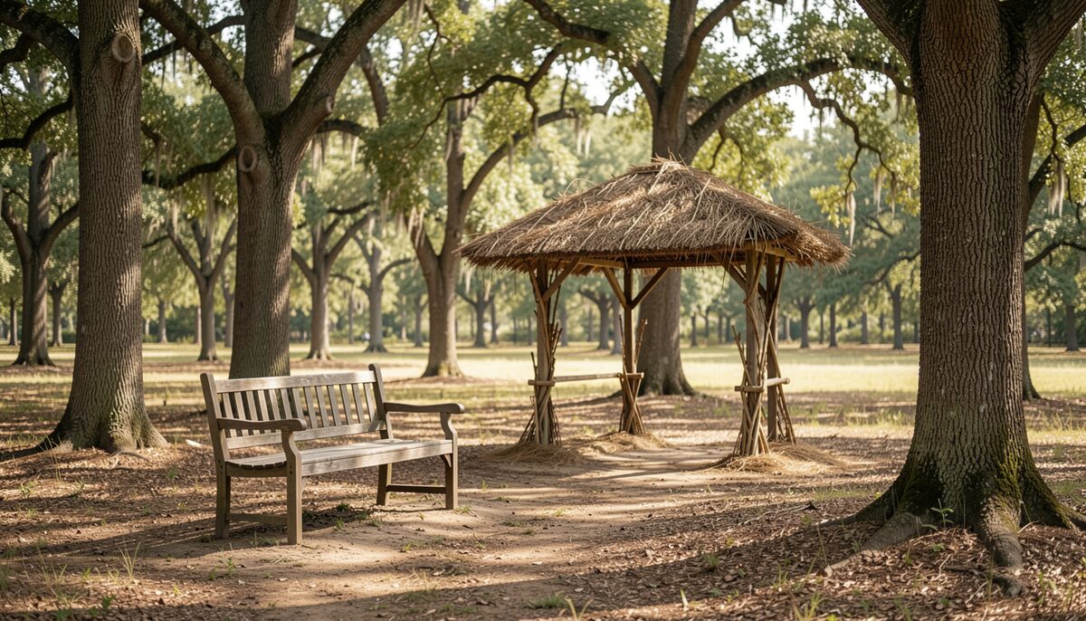 A timber brush arbour with a thatched roof stands among large live oaks on bare shaded ground, a slatted wooden bench set in front of it, dappled morning light across the trunks and the leaf litter, and no people in frame.
