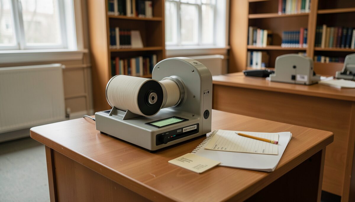 A grey microfilm reader with a reel on its spindle stands on a wooden table in a reading room, a spiral notepad, a pencil and a printed card beside it, shelves of bound volumes and tall windows behind, daylight from the left and no people in frame.