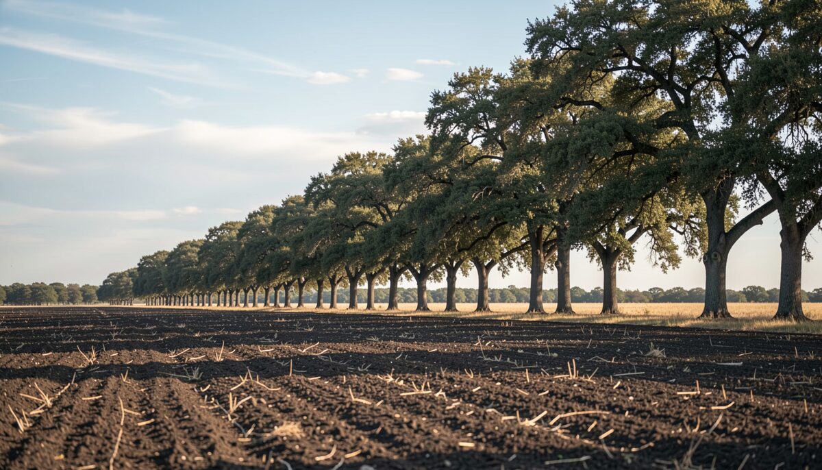 Dark ploughed prairie soil running to a line of bare post oaks at the field edge, a wide pale sky above with high cloud, low flat horizon and no buildings or people in view.