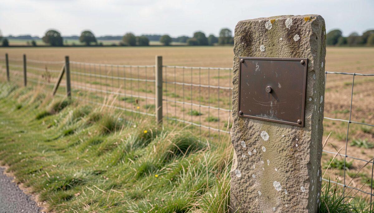 Close view of an upright stone marker post carrying a blank bronze plate fixed with four bolts, pale lichen across the stone, a wire fence running away beside a ploughed field, long grass on the verge and a road edge at the left, flat daylight and no people.