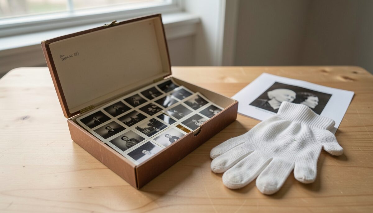 An open brown box of black and white photographs rests on a pale wood table beside a pair of white cotton gloves and one print on paper, a window at the left throwing daylight across the grain, no people in frame and no legible text.