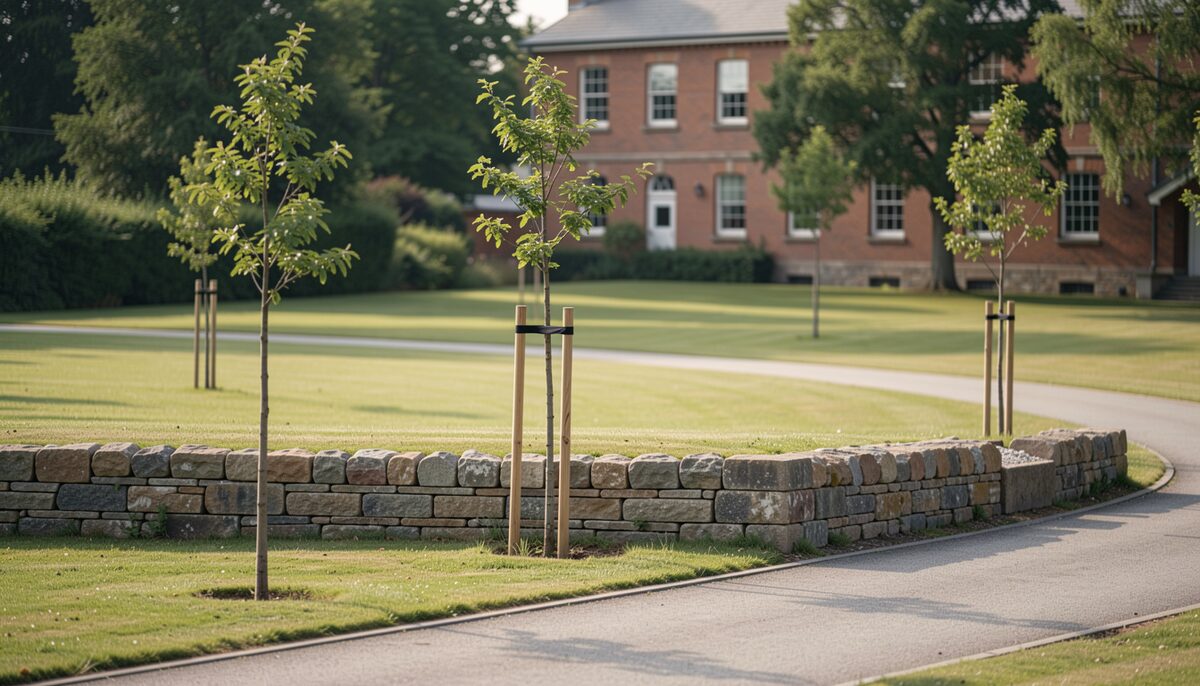 A low dry-stone wall follows a curved path across mown grass, young saplings held by timber stakes planted behind it, a two-storey red brick building with tall sash windows and clipped hedges beyond, even afternoon light and no people in frame.