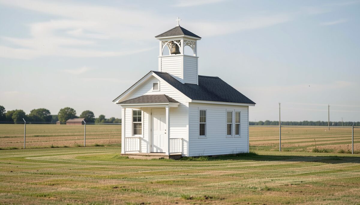 A small white timber schoolhouse with a shingled roof, a gabled porch and a bell tower topped by a small cross stands alone on mown grass between wire-fenced flat fields, a low shed and a tree line far off, clear morning light and no people.