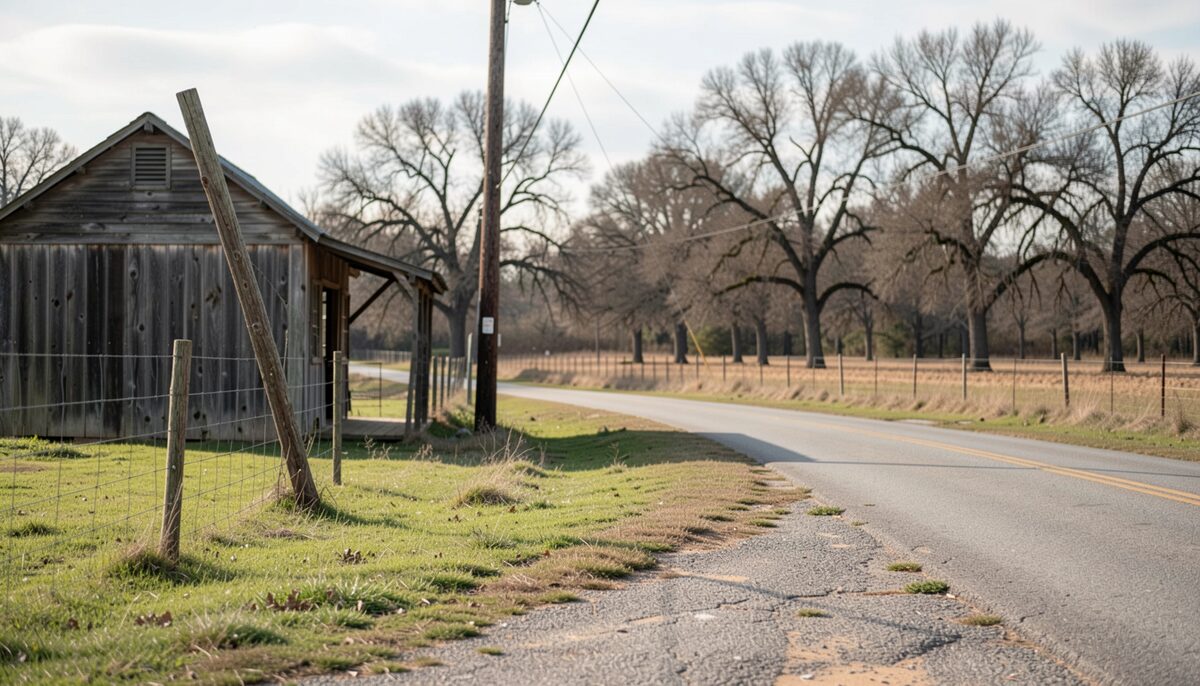 A grey weathered board barn with a lean-to stands behind a wire fence beside a two-lane road that curves away between bare pecan trees, winter grass along the verge, a line strung on a wooden pole, flat pale sky and no people in frame.